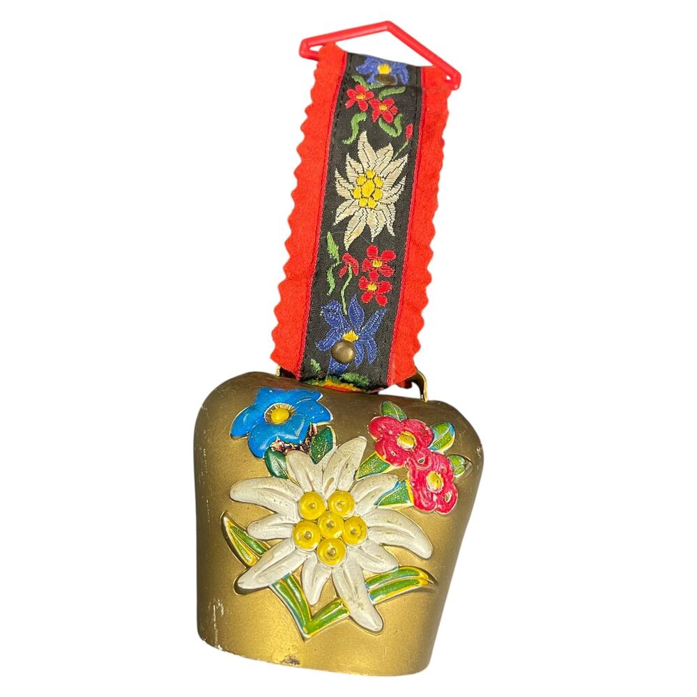 Vintage Swiss Style Floral Brass Cowbell Edelweiss Embroidered Strap 3.25"